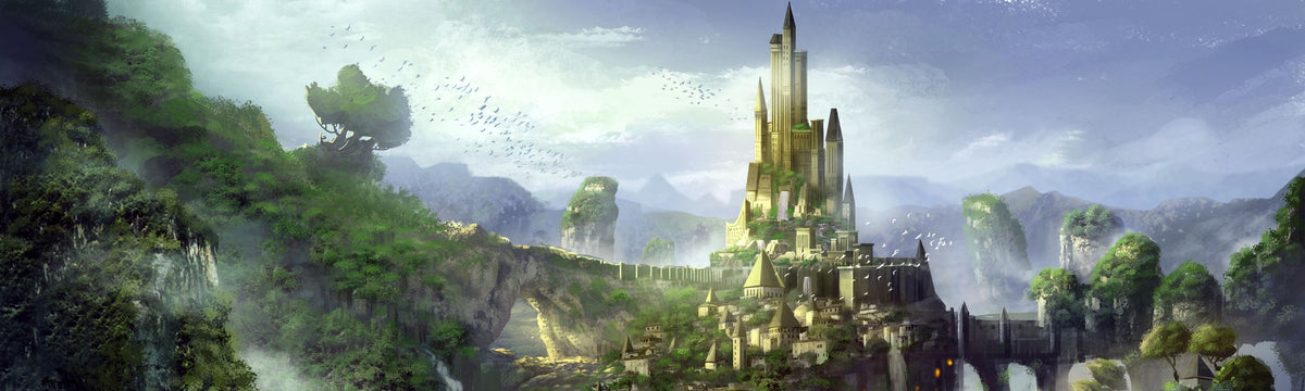 A fantasy kingdom castle rising from misty cliffs and waterfalls